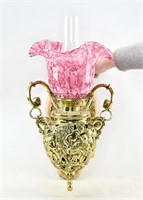 Victorian Wall Sconce Oil Lamp w/ Pink Glass Shade