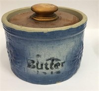 Blue Stoneware Crock Jug With Wooden Lid