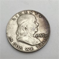 1958 D  Ben Franklin Silver Half Dollar