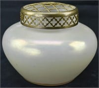Art Nouveau Opalescent Glass Vase with Brass Frog
