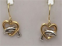 14k Gold Heart & Dolphin Earrings