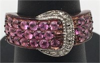 Sterling Silver Clear & Pink Stone Buckle Ring