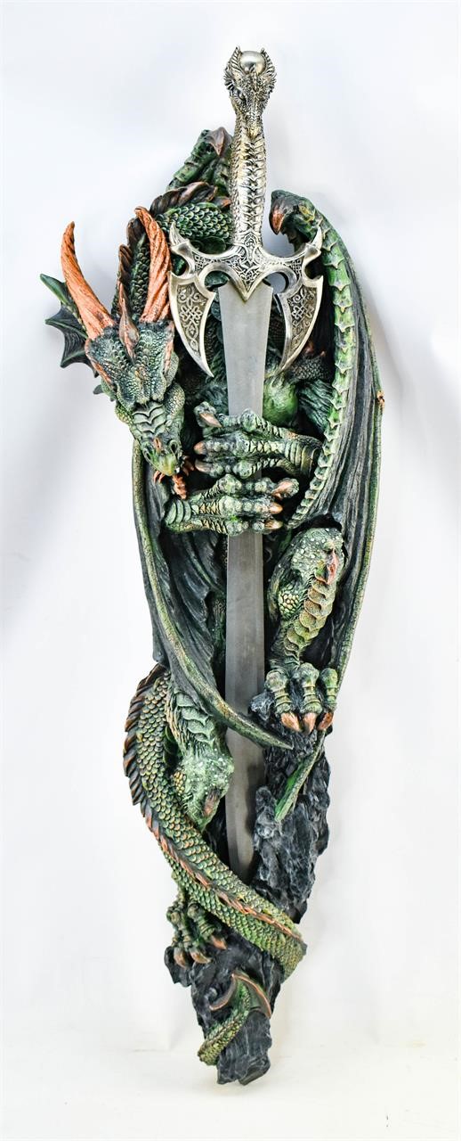 Ornate Steel Fantasy Sword w/ Dragon Plaque Mount