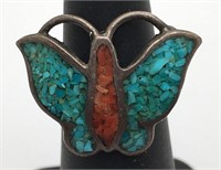 Sterling Silver Turquoise & Coral Butterfly Ring