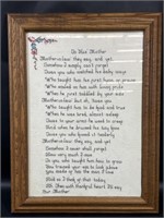 Finished Framed Cross Stitch 'TO HIS MOTHER'  Poem