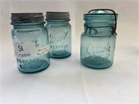 3 Blue Glass Jars