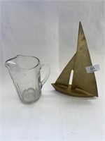 Glass Pitcher & Brass Sailboat