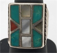 Sterling Silver Turquoise, Coral & Mop Ring