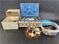 Various Sewing Supplies, Thread, Buttons, Scissors