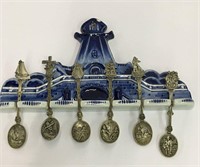 6 Figural Spoons In Delft Holland Porcelain Holder