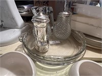 TWO PYREX PIE PLATES AND GLASS DISPENSERS
