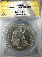 1846 Silver Seated Liberty Dollar AU53 ANACS