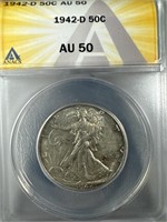 1942-D Silver Walking Liberty Half-Dollar AU50