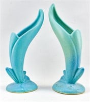 2 Van Briggle Ming Blue Bird of Paradise Vases