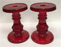 Pair Of Red Glass Candle Sticks