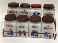 Set Of 8 Milk Glass Spice Canisters In Wire Rack