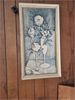 Blue floral painting with frame