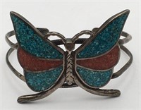 Sterling Silver Turquoise & Coral Butterfly Cuff