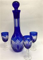 Blue Cut To Clear Decanter And 3 Cups