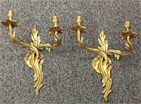 Pair Of Brass / Bronze Two Light Wall Sconces
