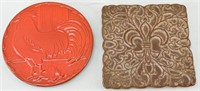 2 Ceramic Frankoma Trivets, Rooster & Fleur de Lis