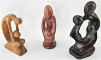 3 Abstract Figural Sculptures, Stone & Wood