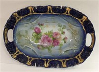 Floral Porcelain Bowl With Cobalt Rim