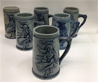 Group Of 6 Blue Decorated Stoneware Mugs