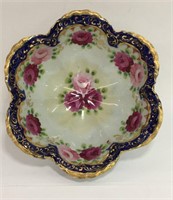 Cobalt & Gilt Porcelain Rose Design Footed Bowl