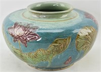 Large Glaze Studio Pottery Vessel, Blue with Roses