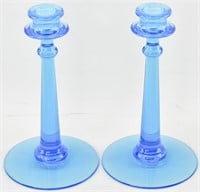 Pair of Fostoria Blue Glass Candlestick Holders