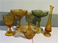 Amber & Green Glass Vases, Bowls, Cup & Basket