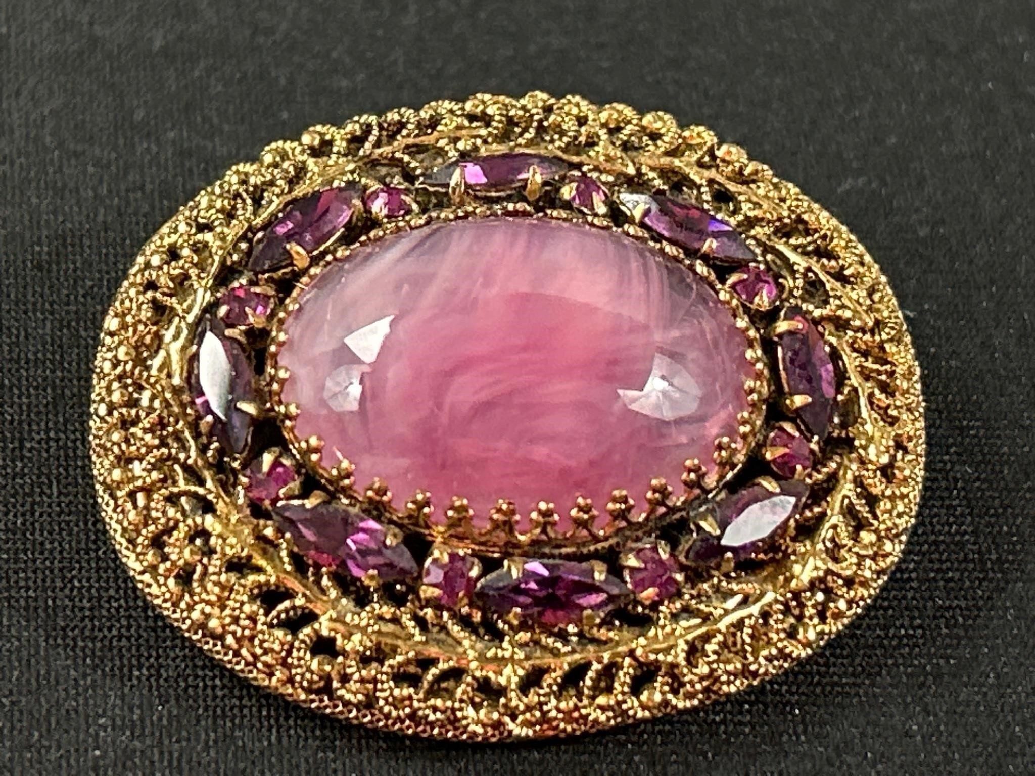 Made in Austria Filigree pink stone brooch