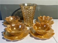 Amber Glass Vase & Flower Bowls