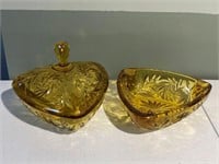 2 Amber Glass Bowls & Lid