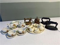 2 Miniature Tea Sets, Figurines & Antique Irons