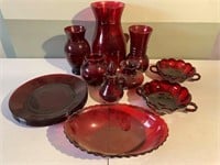 Red Glass Vases, Cruet, Plates & Bowls