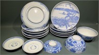 BOX OF BLUE & WHITE ORIENTAL PORCELAIN DISHES