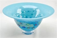 Signed Blue Glass Footed Dish, Millefiori Accents