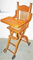 Pressed Back Oak Cane Seated Child's Highchair