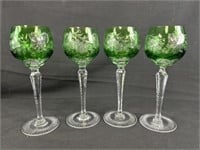 Set of 4 Cut Emerald Green Wine Goblets