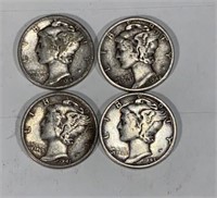 4 90% Silver Mercury Dimes 1940's