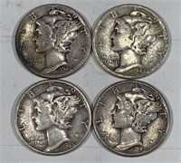 4 90% Silver Mercury Dimes 1940's