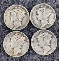 4 90% Silver Mercury Dimes 1930's