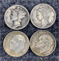 4 90% Silver Mercury Dimes & Roosevelt DImes