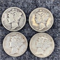 4 90% Silver Mercury Dimes 1930's