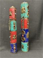 2 Buddhist Bronze Turquoise Incense Stick Holders