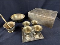 Lot of Brass Items Incl. Box,Cordial Set, Mortar &