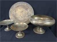 Lot of 4 Brass Pedestal Bowls, Dishes & Lg.Platter