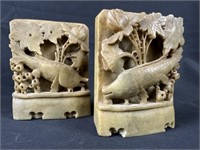 Pair Handcarved Soapstone Bookends Sea Fish Motif